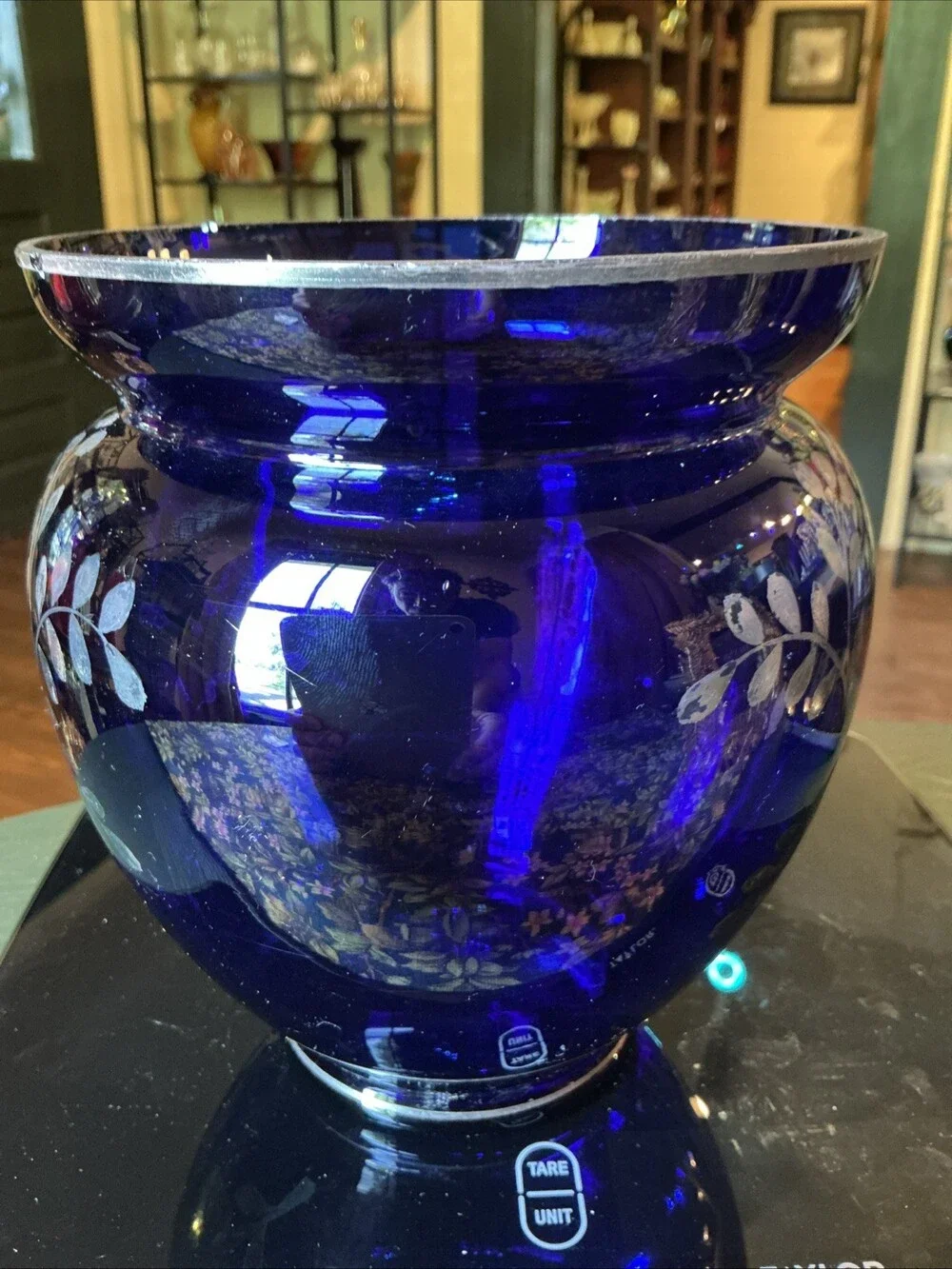 Antique Sterling Overlay Peacock Cobalt Blue 7.25” Vase (chip) Bohemian